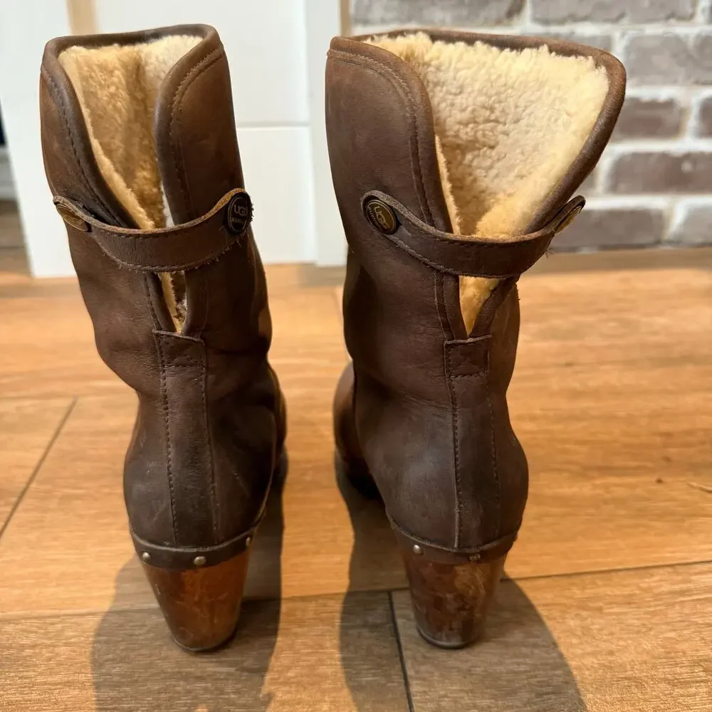 UGG Australia Lynnea Boots Women Size 7 3207 Brown Leather Pull On Studded